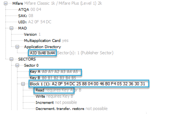 Screenshot: Content of a block on a MIFARE Classic card show in BALTECH ID-engine explorer