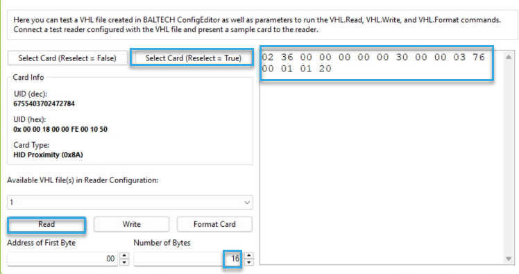 Screenshot: View raw data stream of an HID Prox card in BALTECH ID-engine Explorer