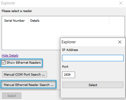 Screenshot: Options to find an Ethernet reader via a BALTECH tool