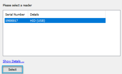Screenshot: Select a reader in BALTECH Uploader