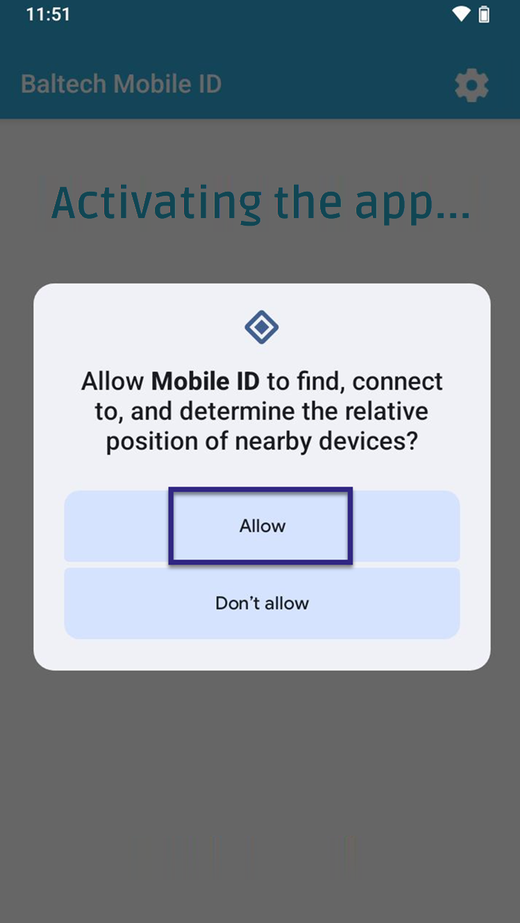 Screenshot: Popup with request for Bluetooth permissions in the BALTECH Mobile ID Android app