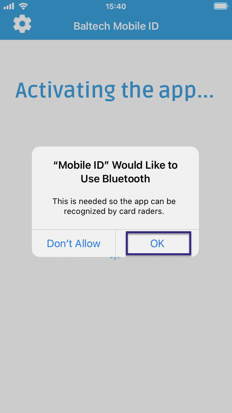 Screenshot: Popup with request for Bluetooth permissions in the BALTECH Mobile ID iPhone app