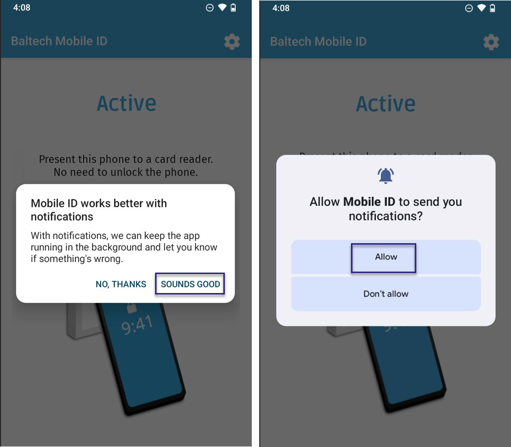 Screenshot: Popup with request for notifications permissions in the BALTECH Mobile ID Android app