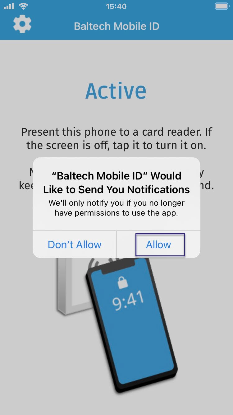 Screenshot: Popup with request for notifications permissions in the BALTECH Mobile ID iPhone app