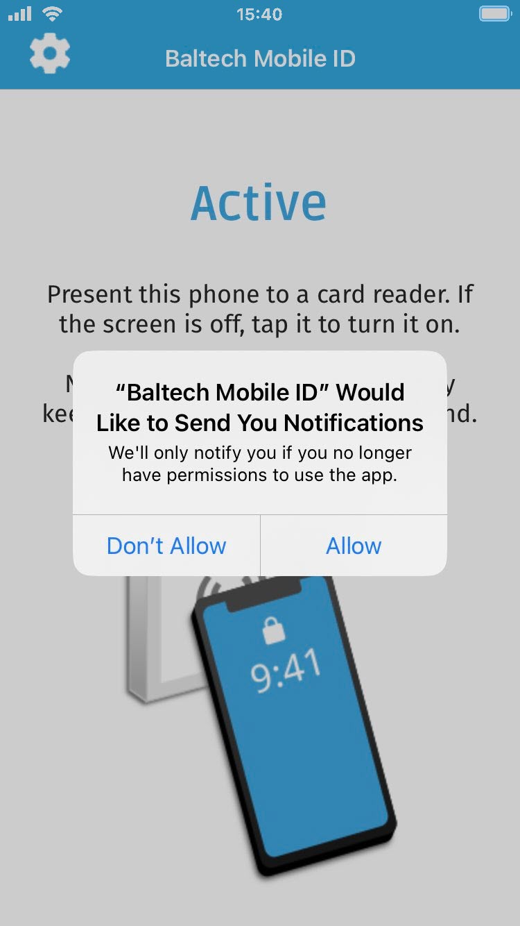 Screenshot: Popup with request for permissions to send notifications in the BALTECH Mobile ID app