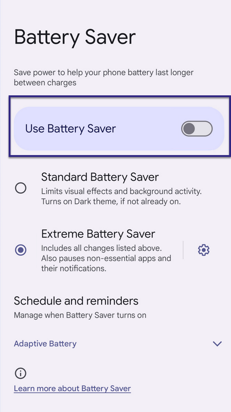 Screenshot: Disable Extreme Battery Saver on Google Pixel