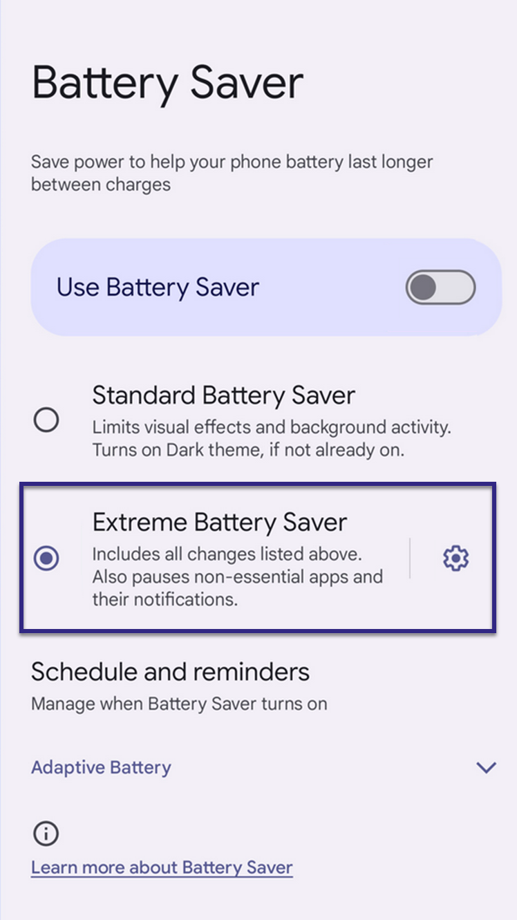 Screenshot: Extreme Battery Saver on Google Pixel