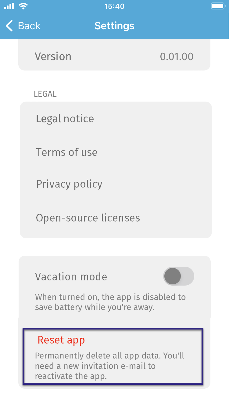 Screen: Reset button in BALTECH Mobile ID app
