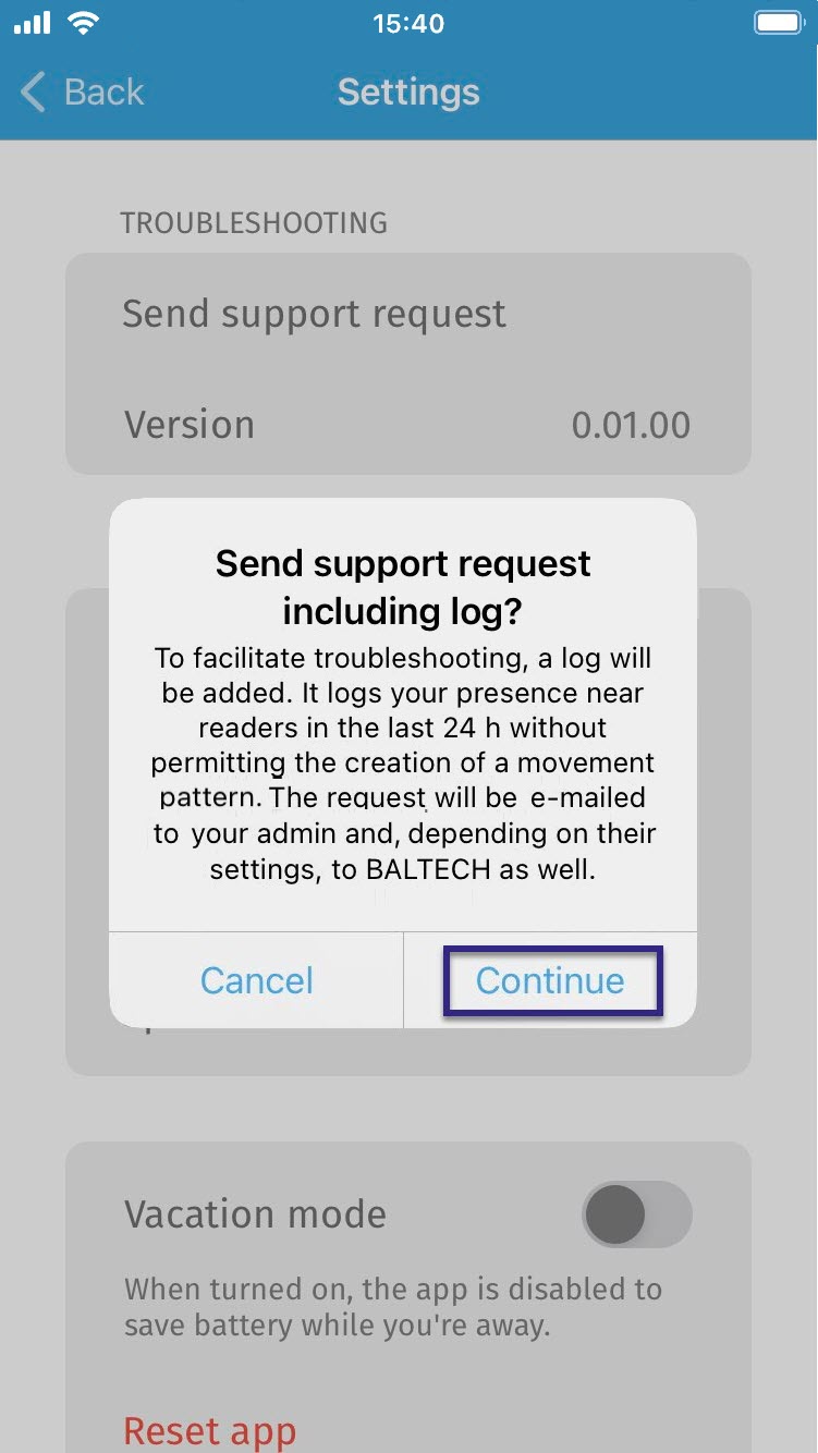 Screenshot: Confrmation message to send support request from the BALTECH Mobile ID app