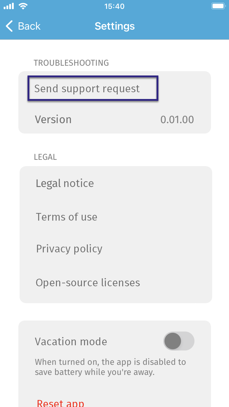 Screenshot: Send support request from the BALTECH Mobile ID app