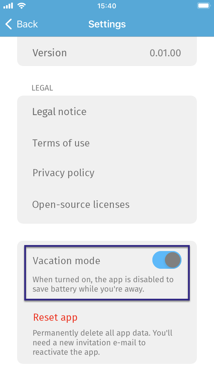 Screenshot: Enable vacation mode in the Settings of the BALTECH Mobile ID app