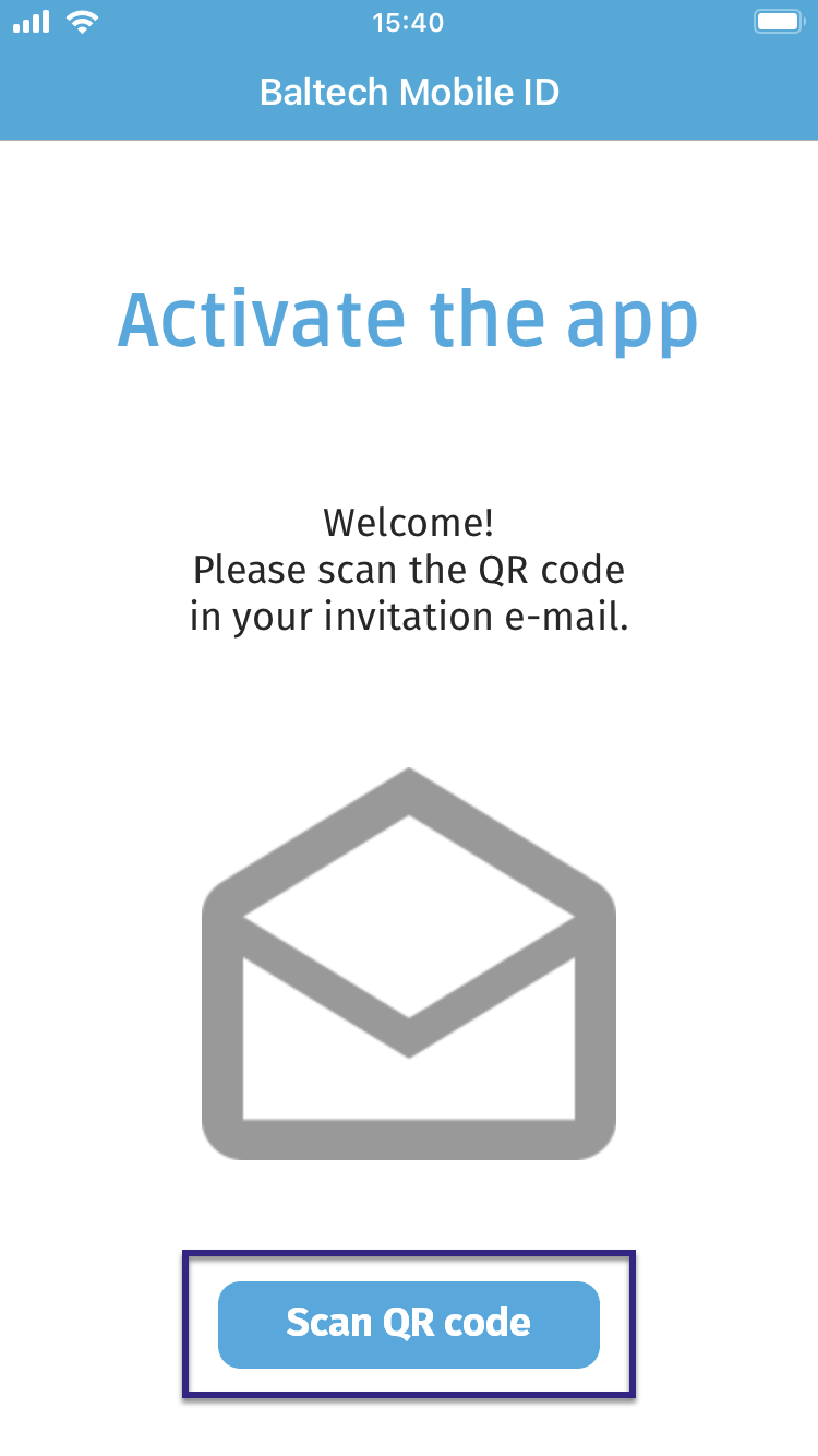 Screenshot: Screen "Activate the App" in BALTECH Mobile ID app with button "Scan QR Code"