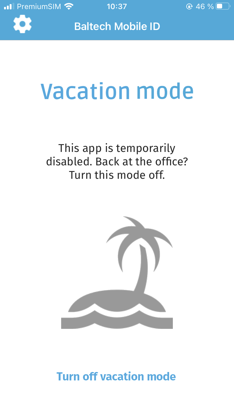 Screenshot: Status screen "Vacation Mode" in the BALTECH Mobile ID app