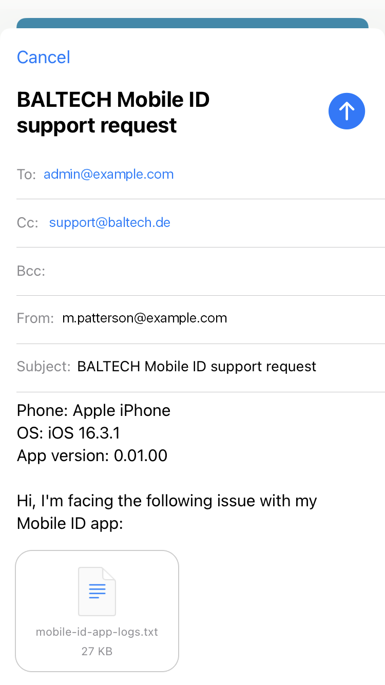 Screenshot: New, prefilled e-mail for BALTECH Mobile ID support request