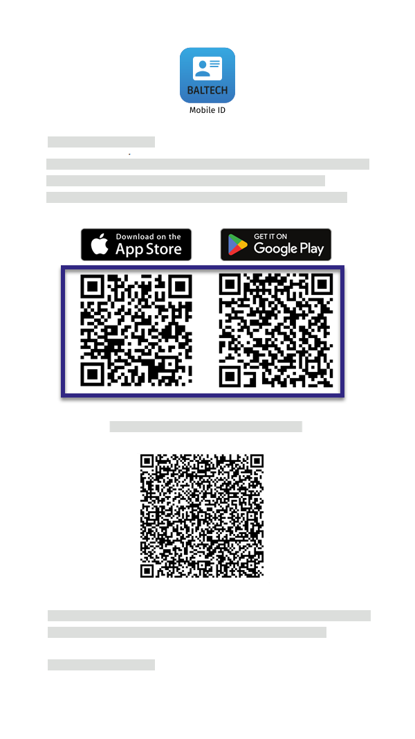 Screenshot: Download QR codes and links for iOS and Android versions of BALTECH Mobile ID app in invitation e-mail