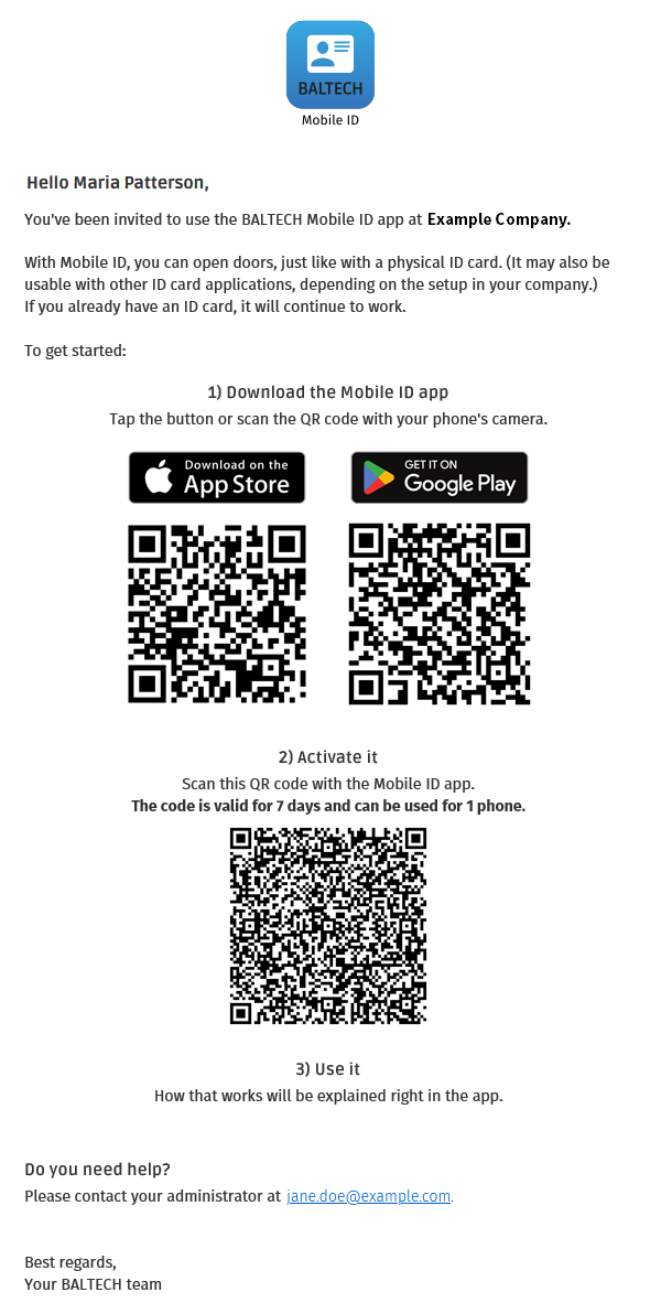 Example invitation e-mail for BALTECH Mobile ID