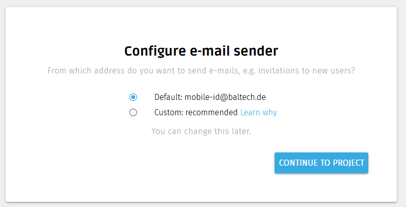 Screenshot: Configure e-mail sender when creating a project in BALTECH Mobile ID Manager