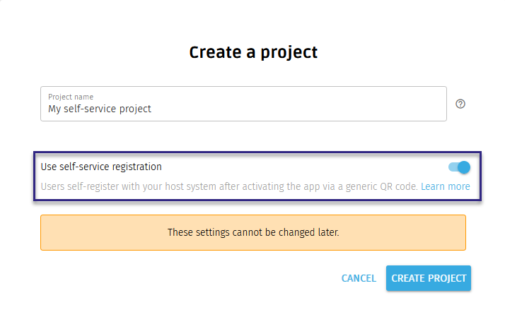 Screenshot: Option "User self-service registration" in "Create a project" dialog in BALTECH Mobile ID Manager