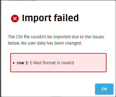 Example errors in the CSV file uploaded to BALTECH Mobile ID Manager