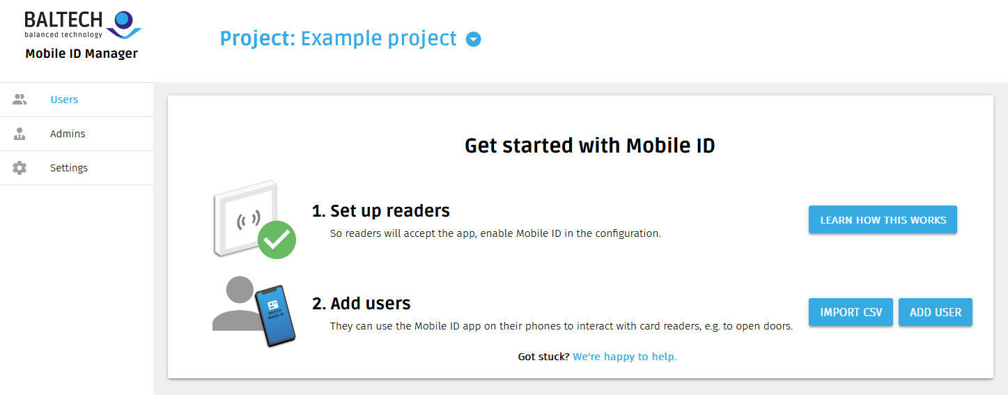 Start page of a new project in BALTECH Mobile ID Manager