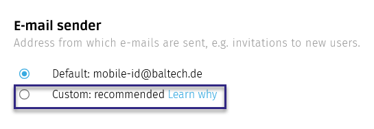 Configure custom e-mail sender in BALTECH Mobile ID Manager