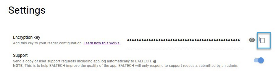 Screenshot: Copy encryption key displayed in BALTECH Mobile ID Manager