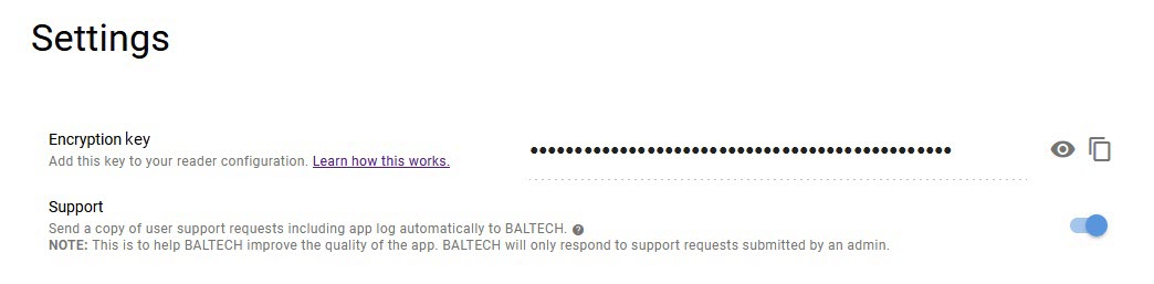 Screenshot: Settings in BALTECH Mobile ID Manager: encryption key and support