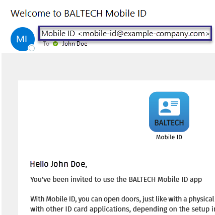 Example sender name and e-mail address an e-mail sent by BALTECH Mobile ID Manager