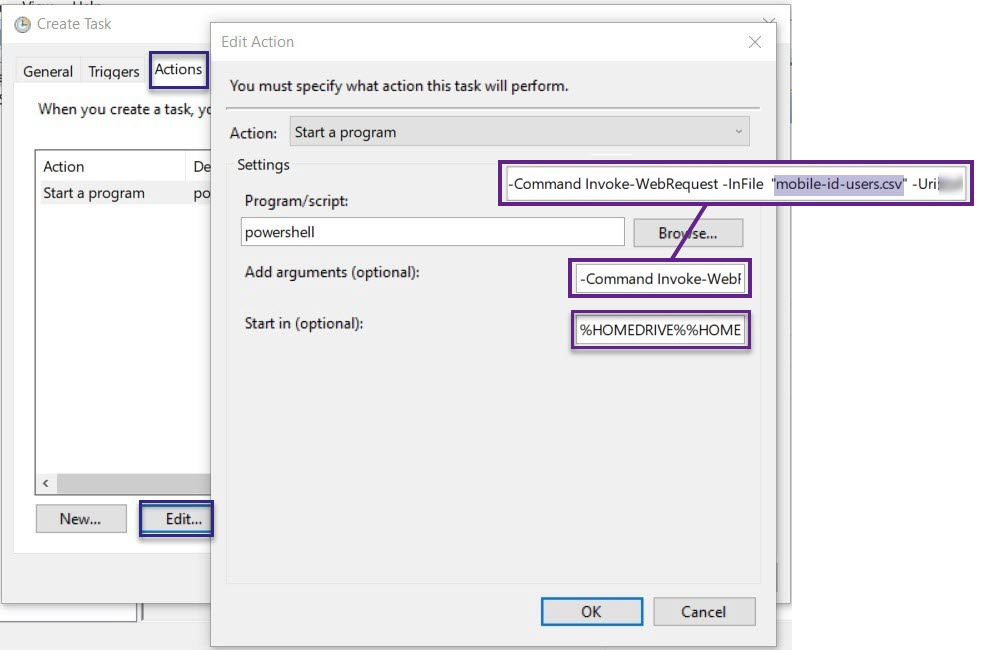Actions tab of BALTECH Mobile ID Auto-sync task to Windows Task Scheduler