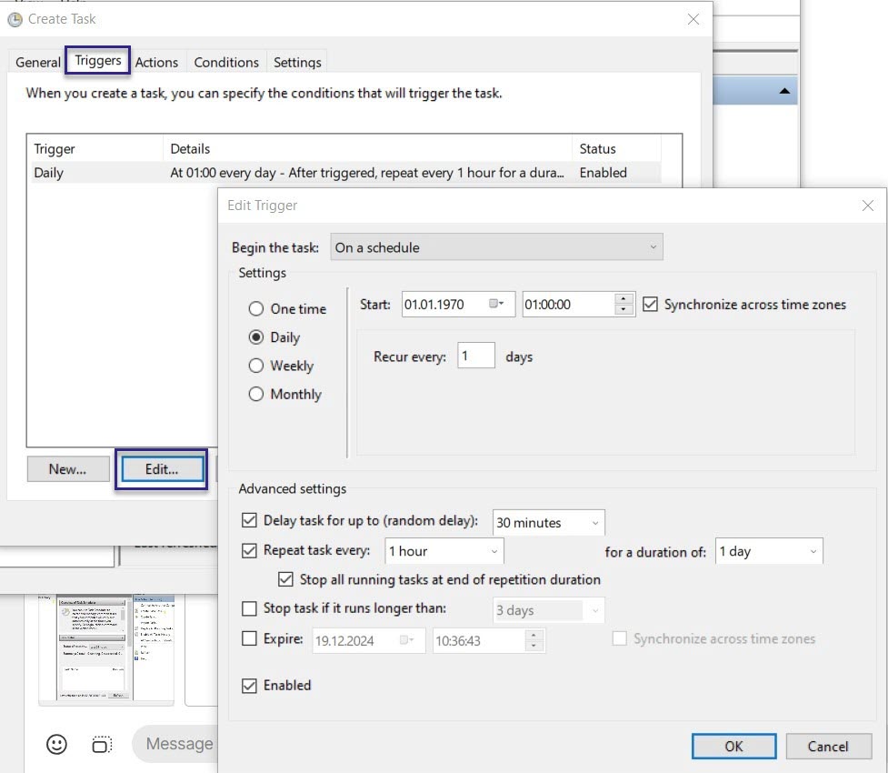 Triggers tab of BALTECH Mobile ID Auto-sync task to Windows Task Scheduler