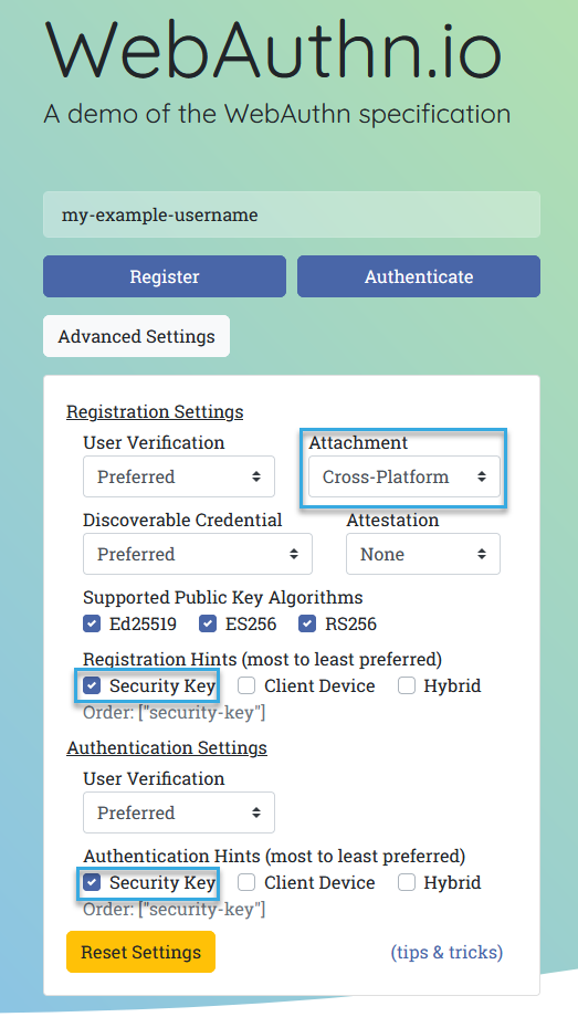 Advanced settings in webauthn.io