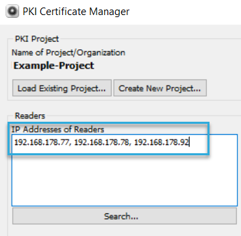 Screenshot: Enter IP addresses of Ethernet readers manually in BALTECH PKI Certificate Manager