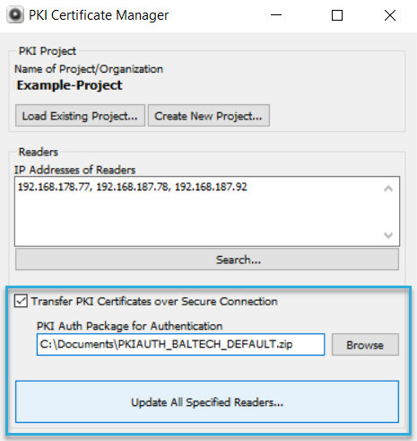 Screenshot: Load the existing PKI certificate in BALTECH PKI Certificate Manager