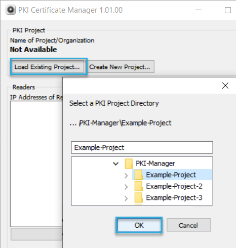 Screenshot: Load an existing project in BALTECH PKI Certificate Manager