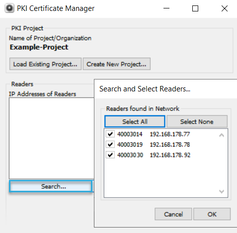 Screenshot: Search for Ethernet readers in your network in BALTECH PKI Certificate Manager