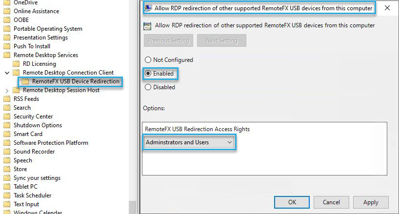 Screenshot: Windows group policy option "Allow RDP redirection of other supported RemoteFX USB devices from this computer"