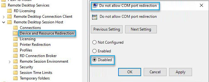 Screenshot: Windows group policy option "Do not allow COM port redirection"