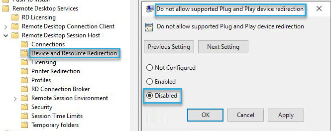 Screenshot: Windows group policy option "Do not allow supported Plug and Play device redirection"