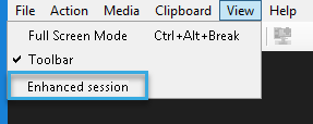 Screenshot: Enable "Enhanced Session" in the "View" menu of Hyper-V Manager