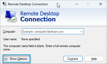 Screenshot: "Show Options" button in "Remote Desktop Connection" application