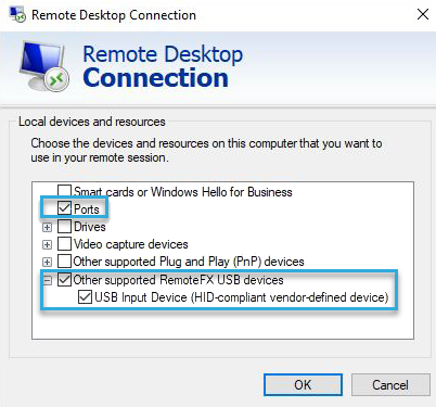 Screenshot: Select reader in Windows Remote Desktop Connection screen