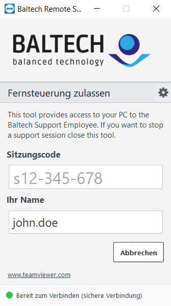 BALTECH Remote Support application to grant a BALTECH support employee access to your computer