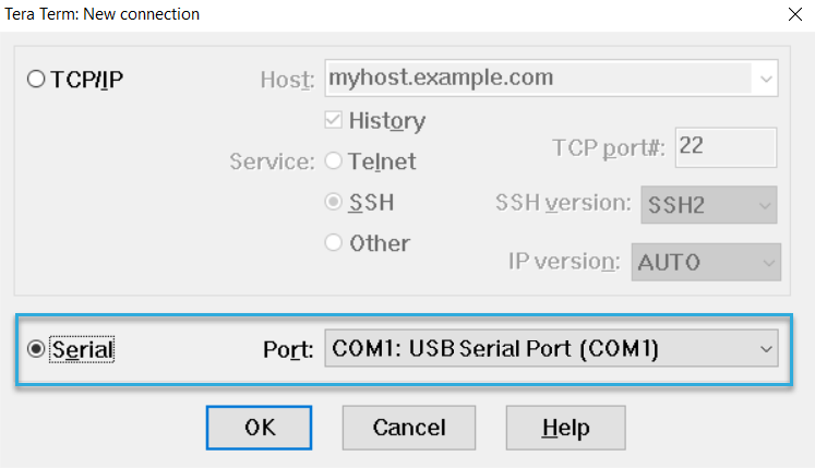 Screenshot: New serial connection in Tera Term