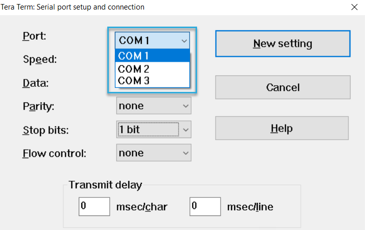 Screenshot: Select a different serial port in Tera Term
