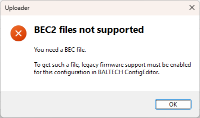 Error 'BEC2 files not supported' in BALTECH Uploader