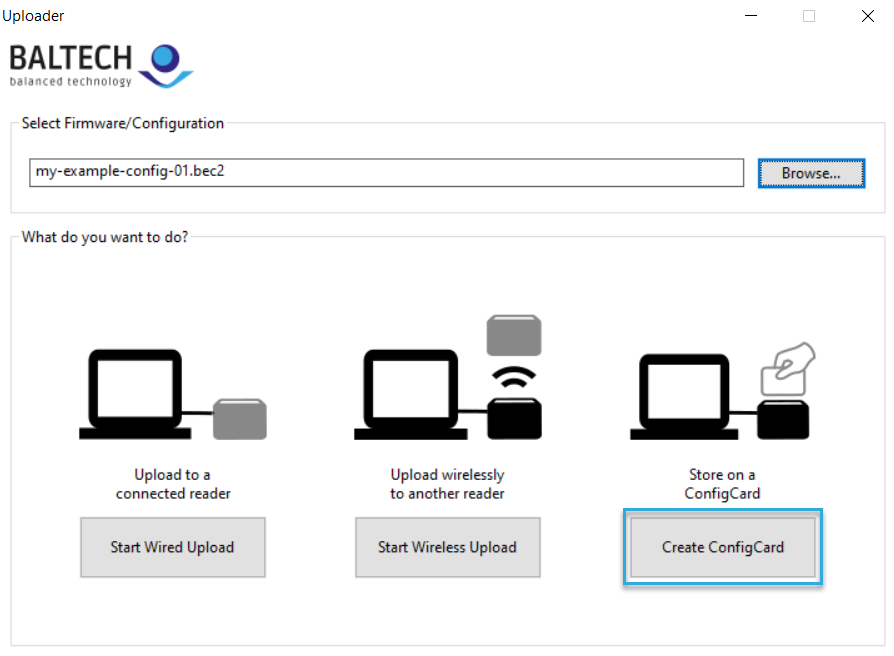 Screenshot: Create ConfigCard option BALTECH Uploader start screen
