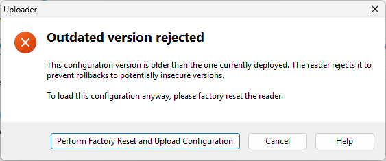 Error 'Outdated version rejected' in BALTECH Uploader