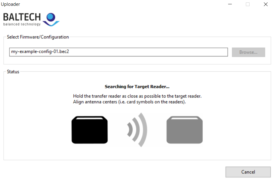 Screenshot: Transfer reader searching for a target reader in BALTECH Uploader