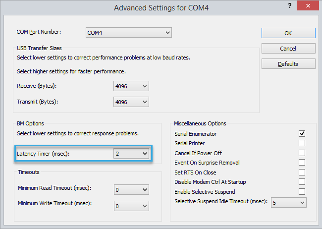 Screenshot: Latency timer set to 2 ms in Windows Device Manager advanced settings of a COM device