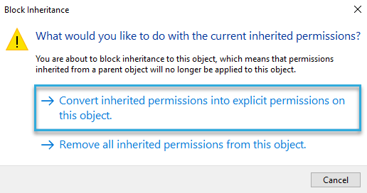Convert inherited permissions for the BALTECH Card Formatter log in Win 10